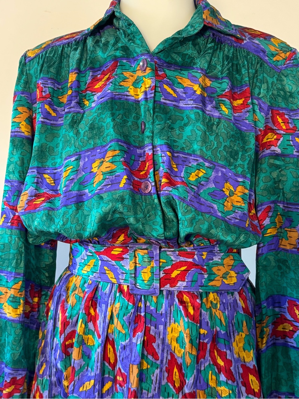 Vintage blouson silk abstract 80s Floral animal cottagecore Long sleeve belted - Picture 2 of 9